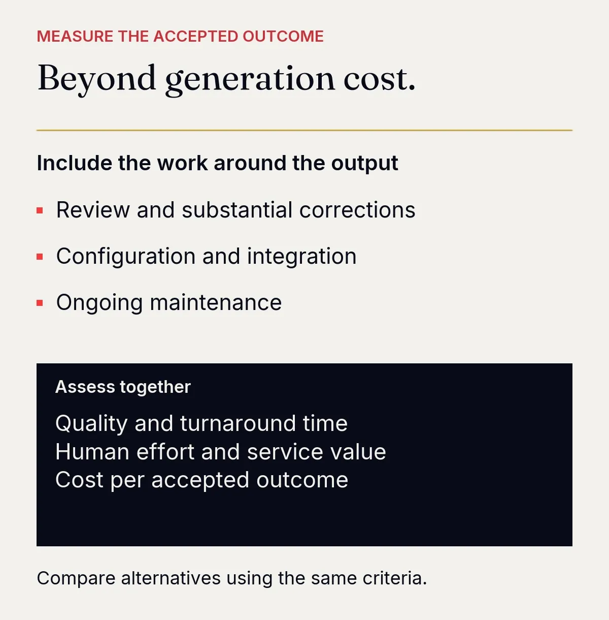 Evaluation framework beyond generation cost: include review and substantial corrections, configuration and integration, and ongoing maintenance. Assess quality, turnaround time, human effort, service value and cost per accepted outcome together, using the same criteria for alternatives.